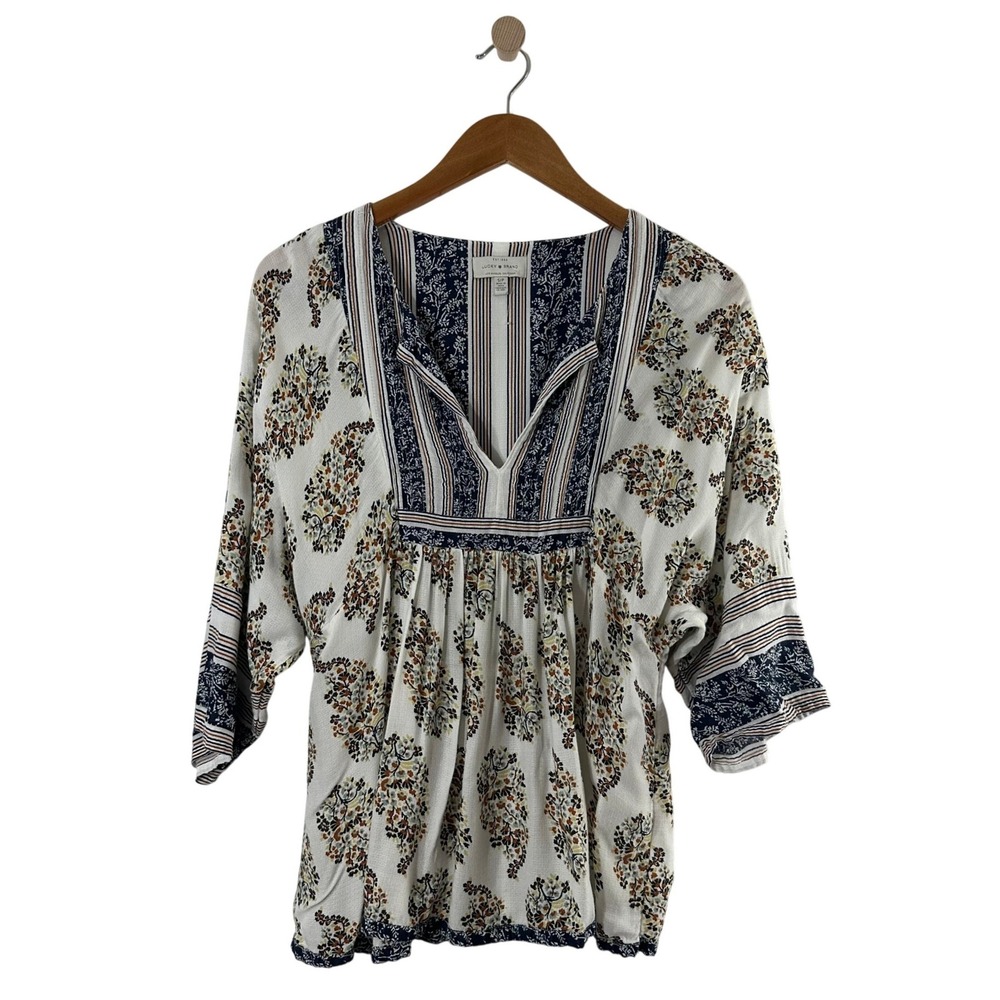 Lucky Brand Womens Floral Mixed Print Boho Peasant Top White Navy Rust Small